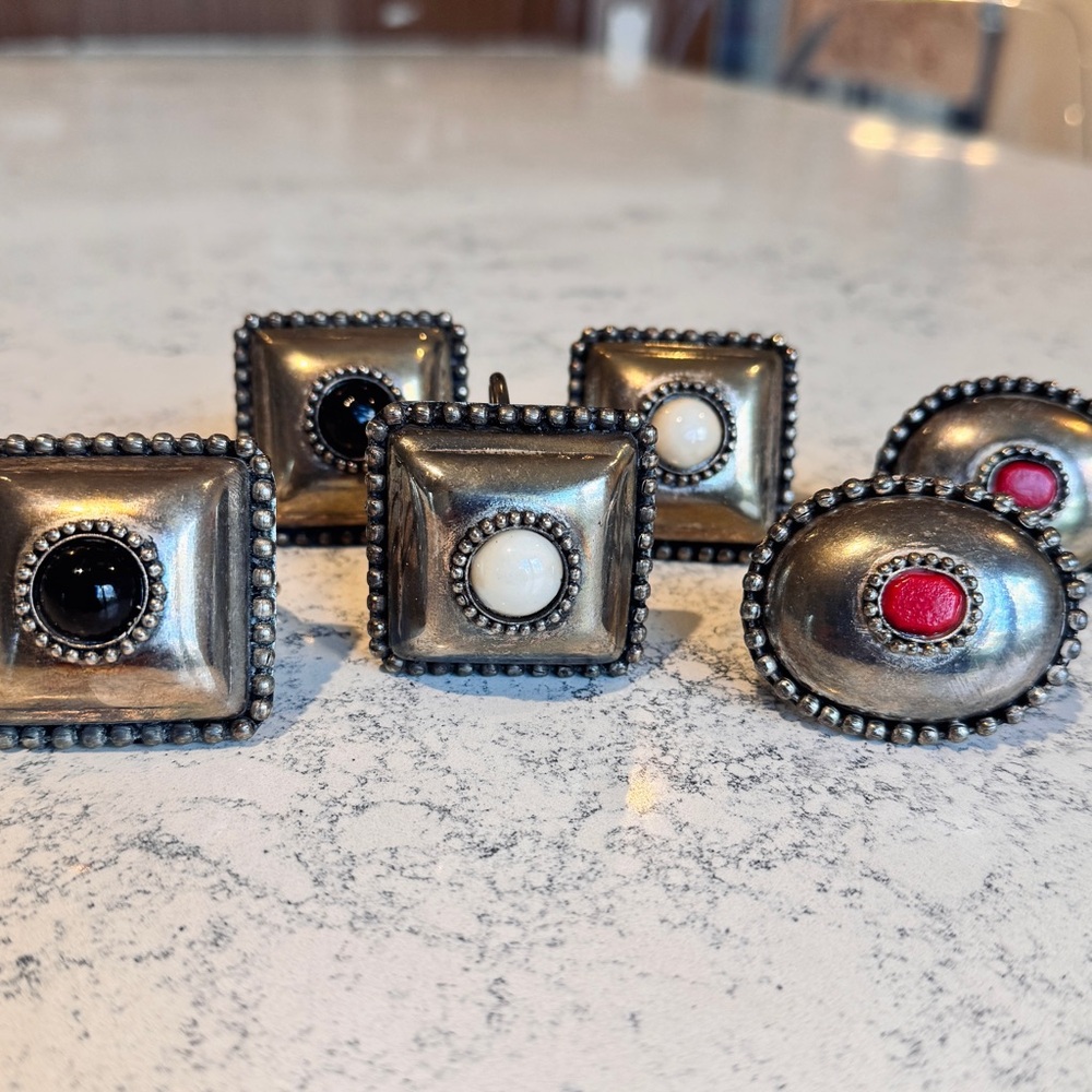 Vintage Silver Earrings with Black, White, and Red Stones
